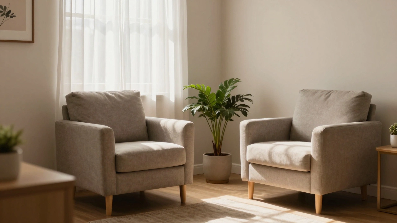 Cozy, calming therapy office with two chairs and soft light