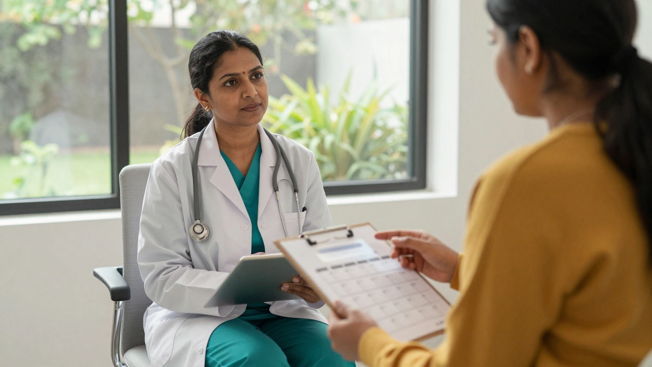 Doctor discussing medication timing with a patient in a bright consultation room