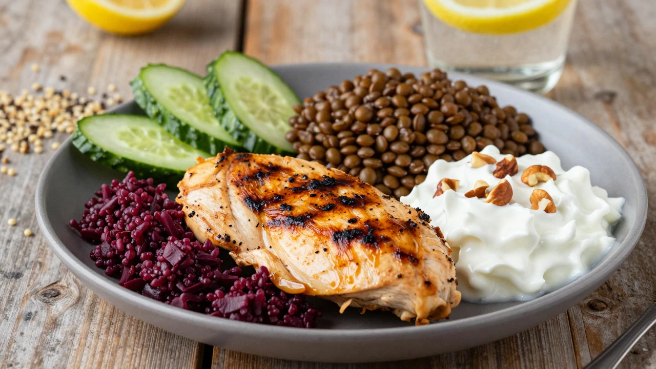 Healthy plate with chicken, lentils, and vegetables