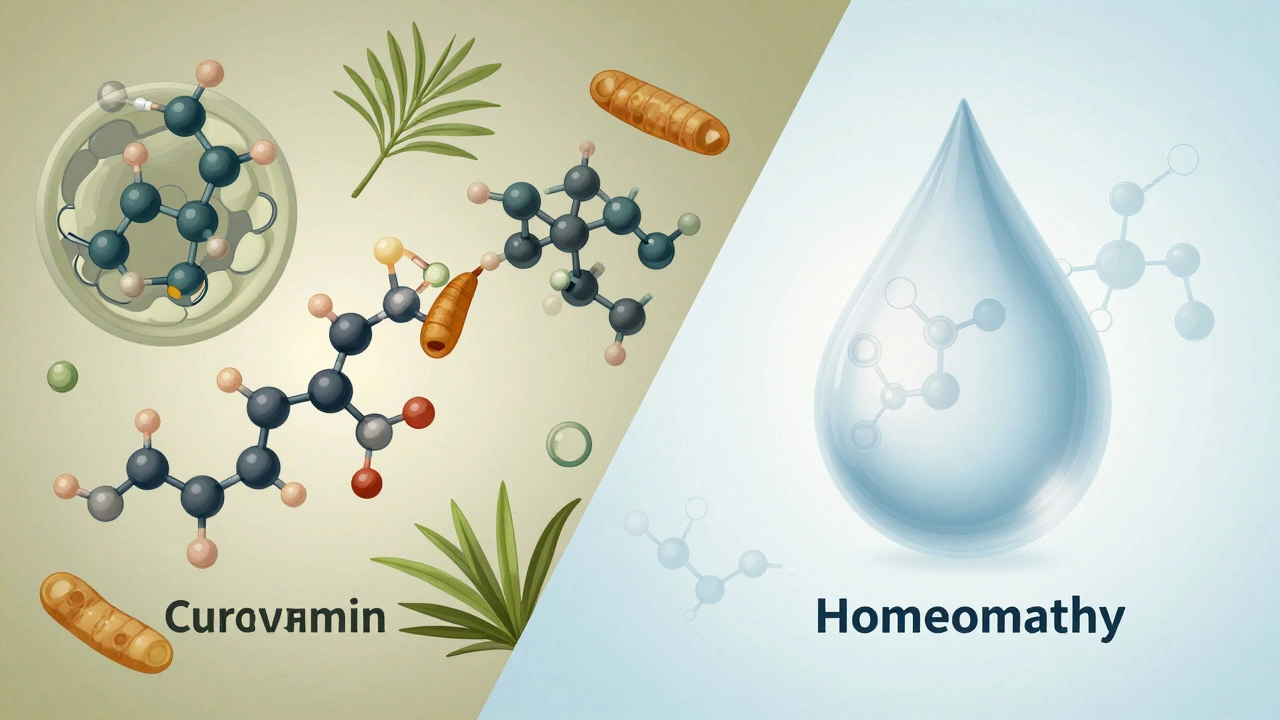 Illustration contrasting tangible Ayurvedic molecules with diluted homeopathic remedies