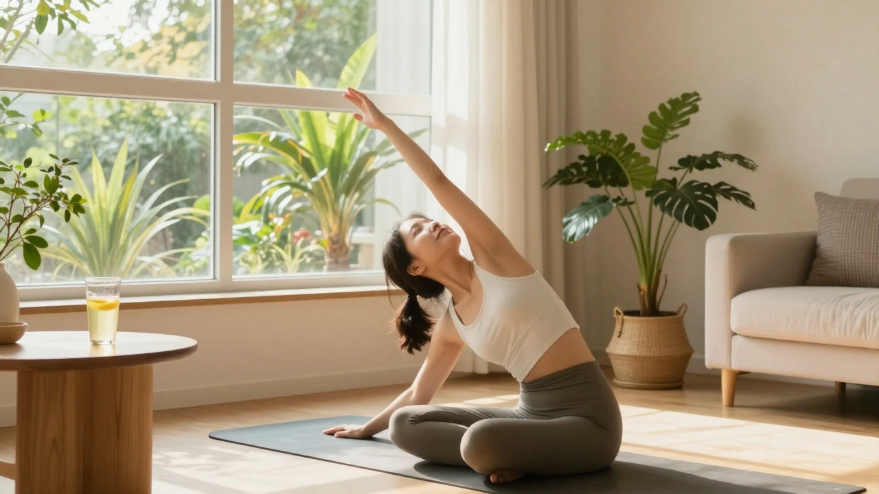 Person doing gentle yoga stretches with warm lemon water in a sunlit room