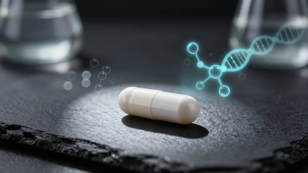 Single white capsule on dark surface with molecular overlays