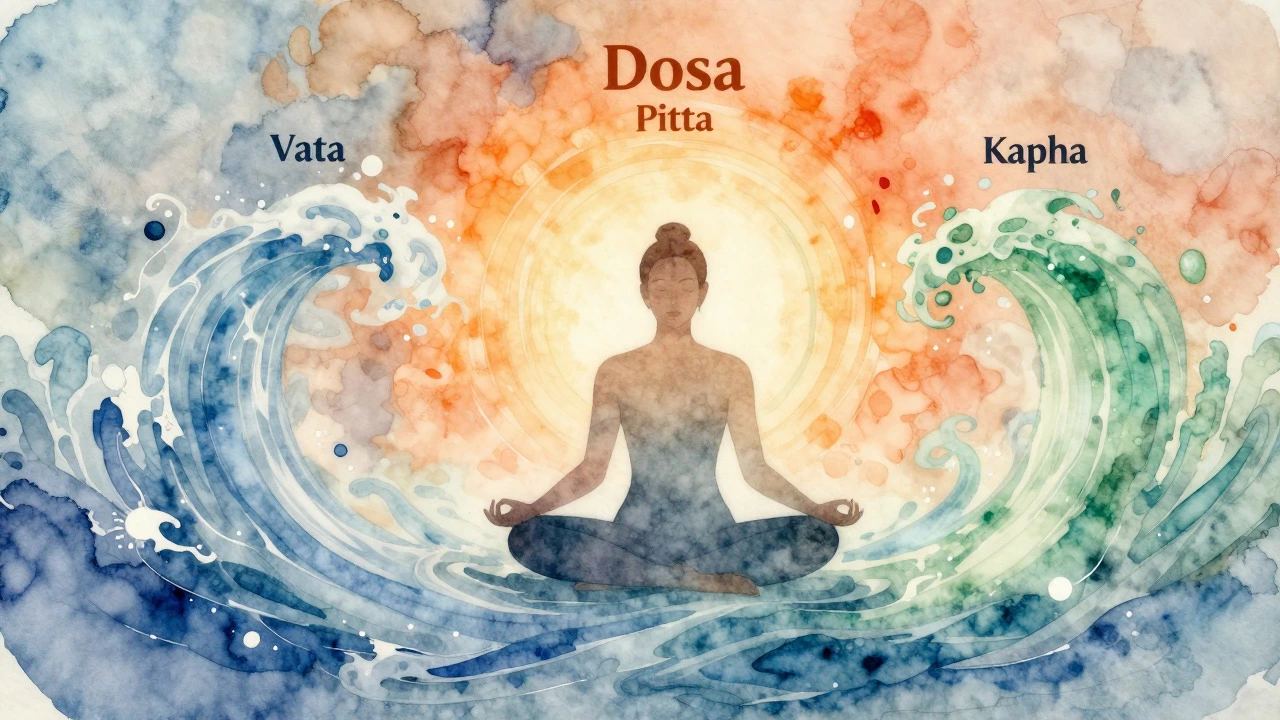 Watercolor art of balanced dosha energies surrounding a meditating figure