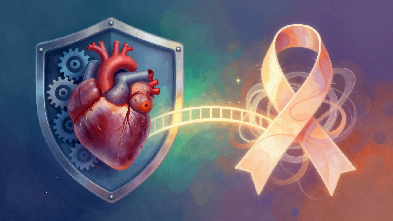 Abstract art depicting shields and ribbons symbolizing cancer cure and control