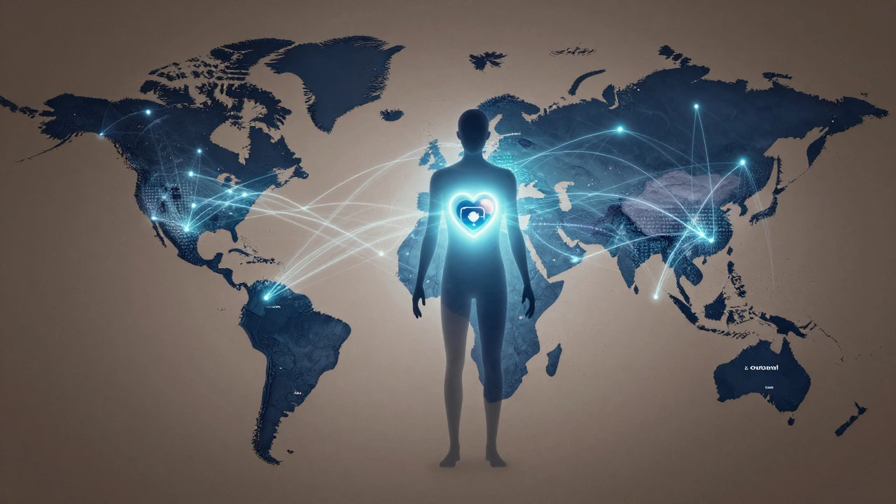 Conceptual illustration of global medical connectivity via digital health networks