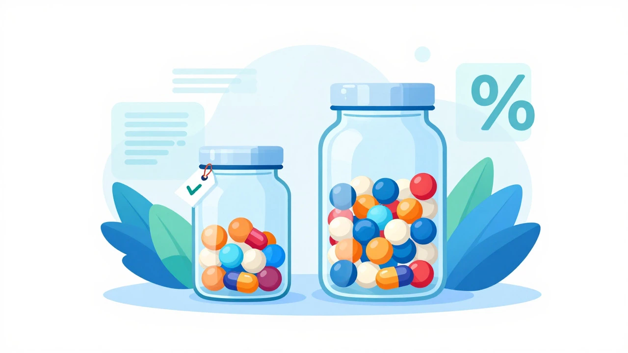 Conceptual illustration of two pill jars comparing cost savings