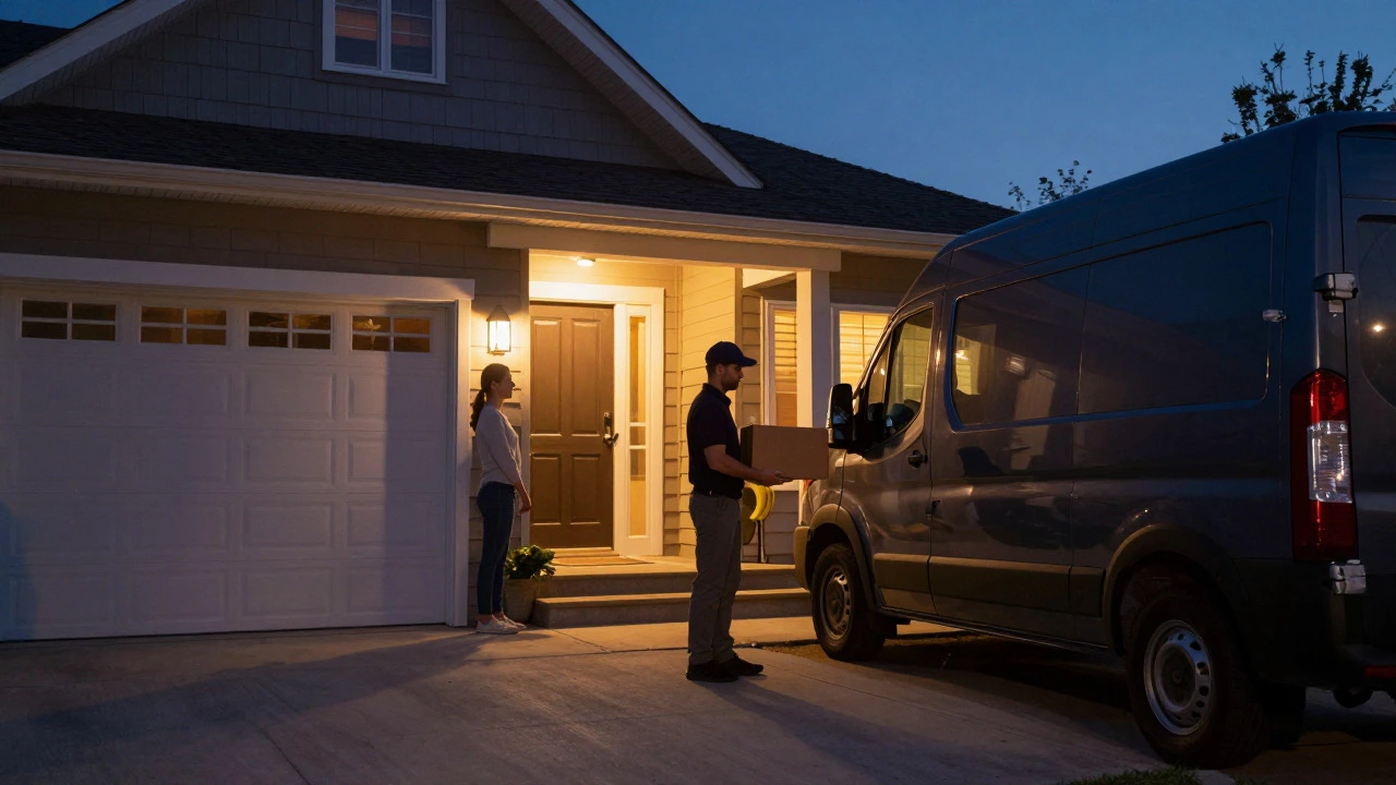 Courier delivering a medication package to a homeowner at dusk