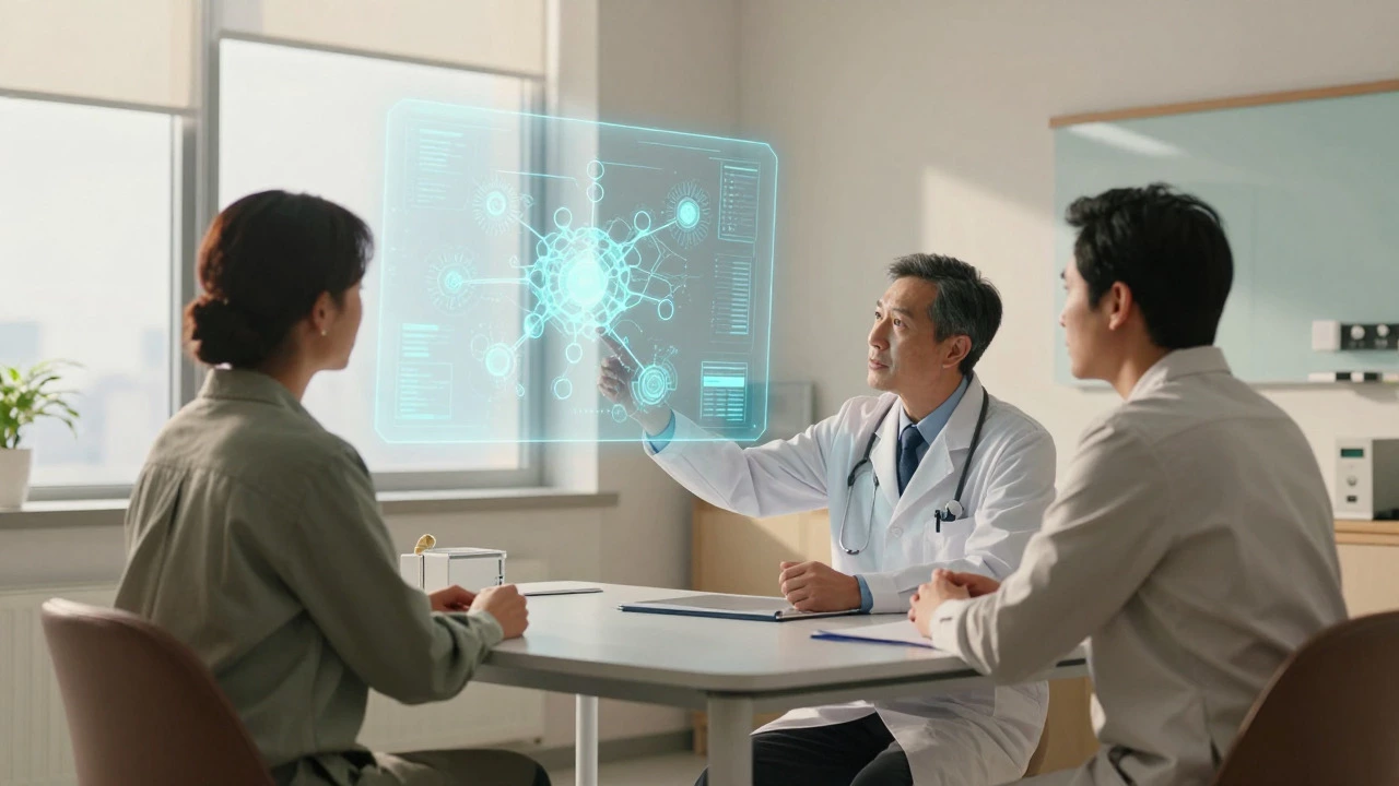 Doctor and patient discussing treatment plans with a holographic medical display