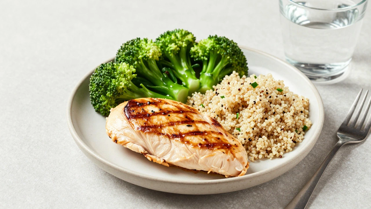 Healthy meal with chicken, vegetables, and quinoa for blood sugar control