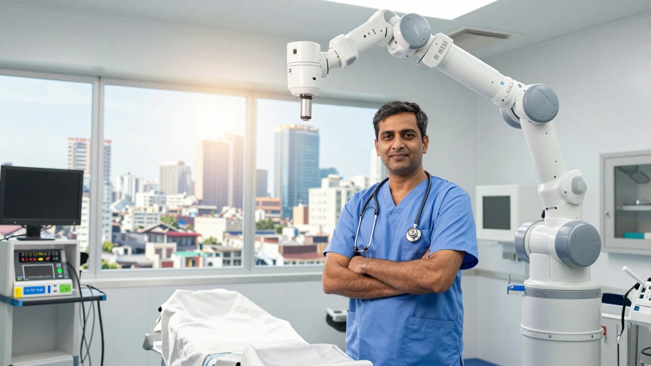 Indian surgeon in a high-tech cardiac operating room with Mumbai city view