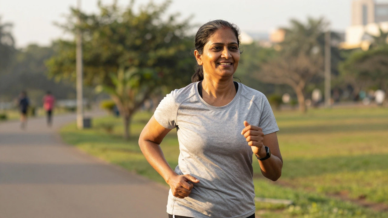 Indian woman jogging in a park during sunset, exercising for health