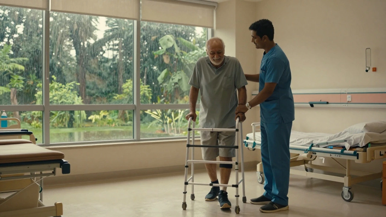 Patient taking first steps with a walker in a sunny hospital recovery room.