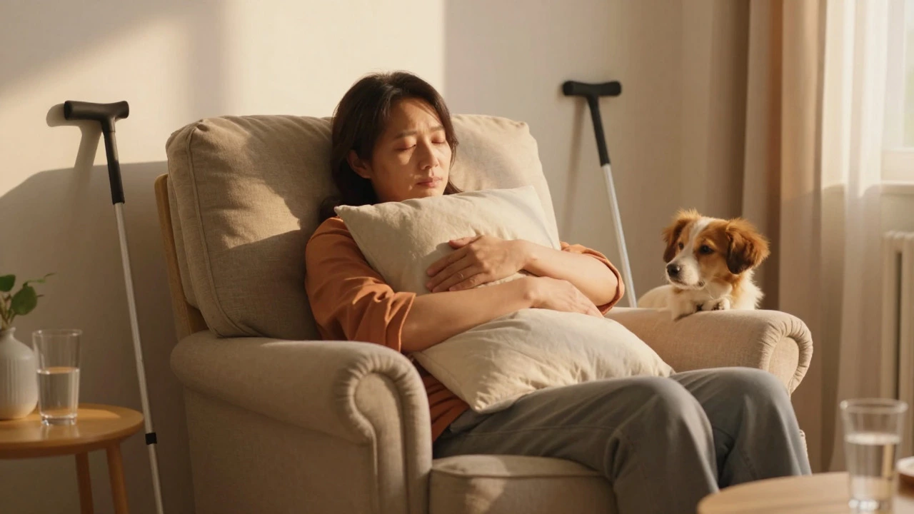 Person resting in armchair hugging pillow for chest support at home