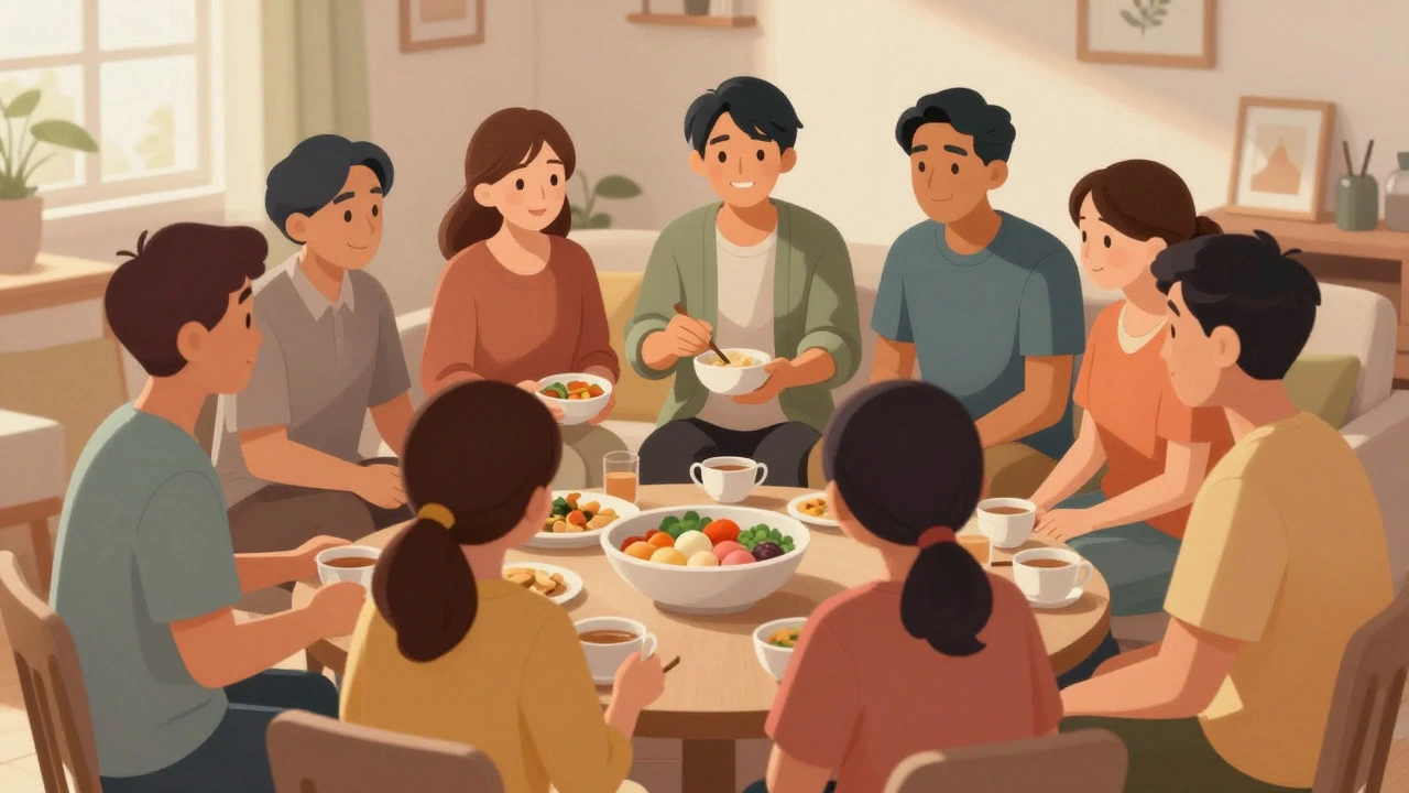 Supportive family and friends sharing a meal in a cozy living room
