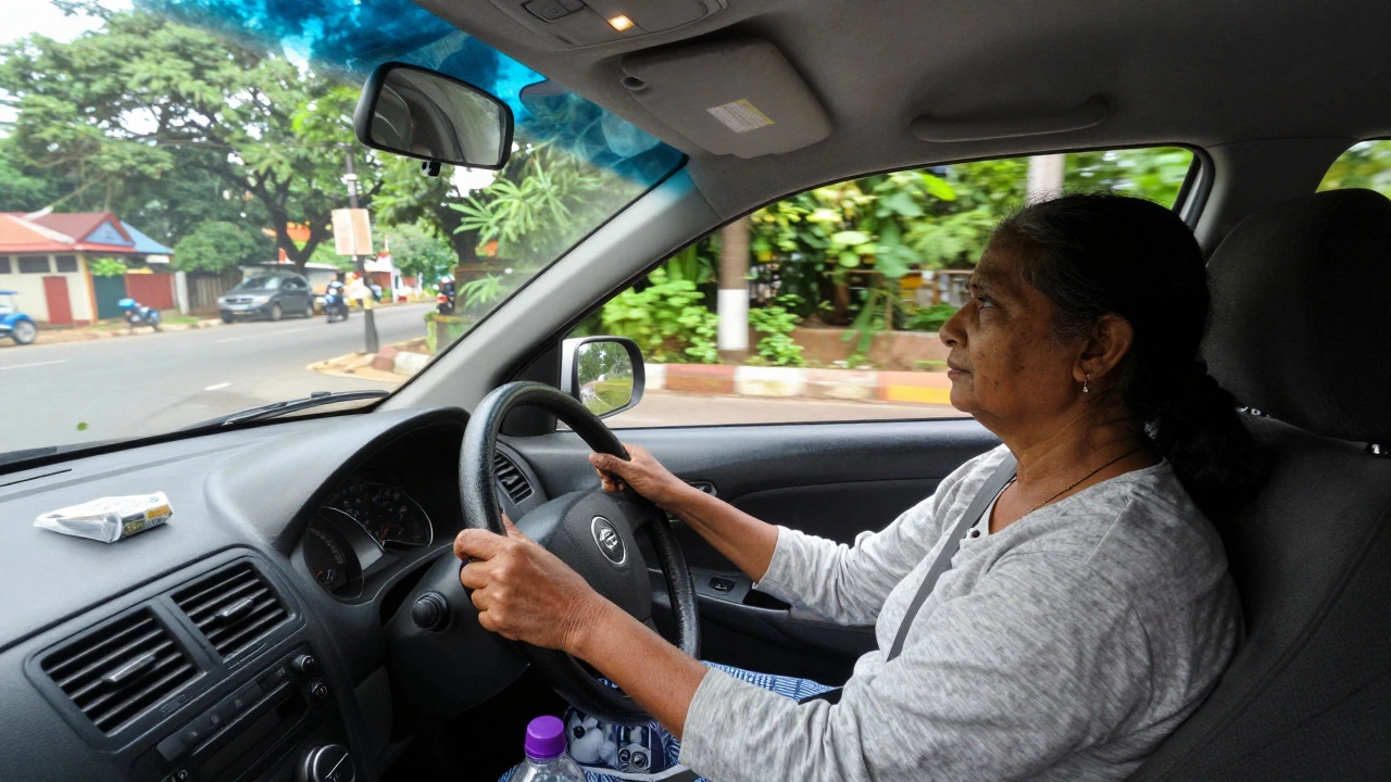 Woman driving cautiously on a quiet road