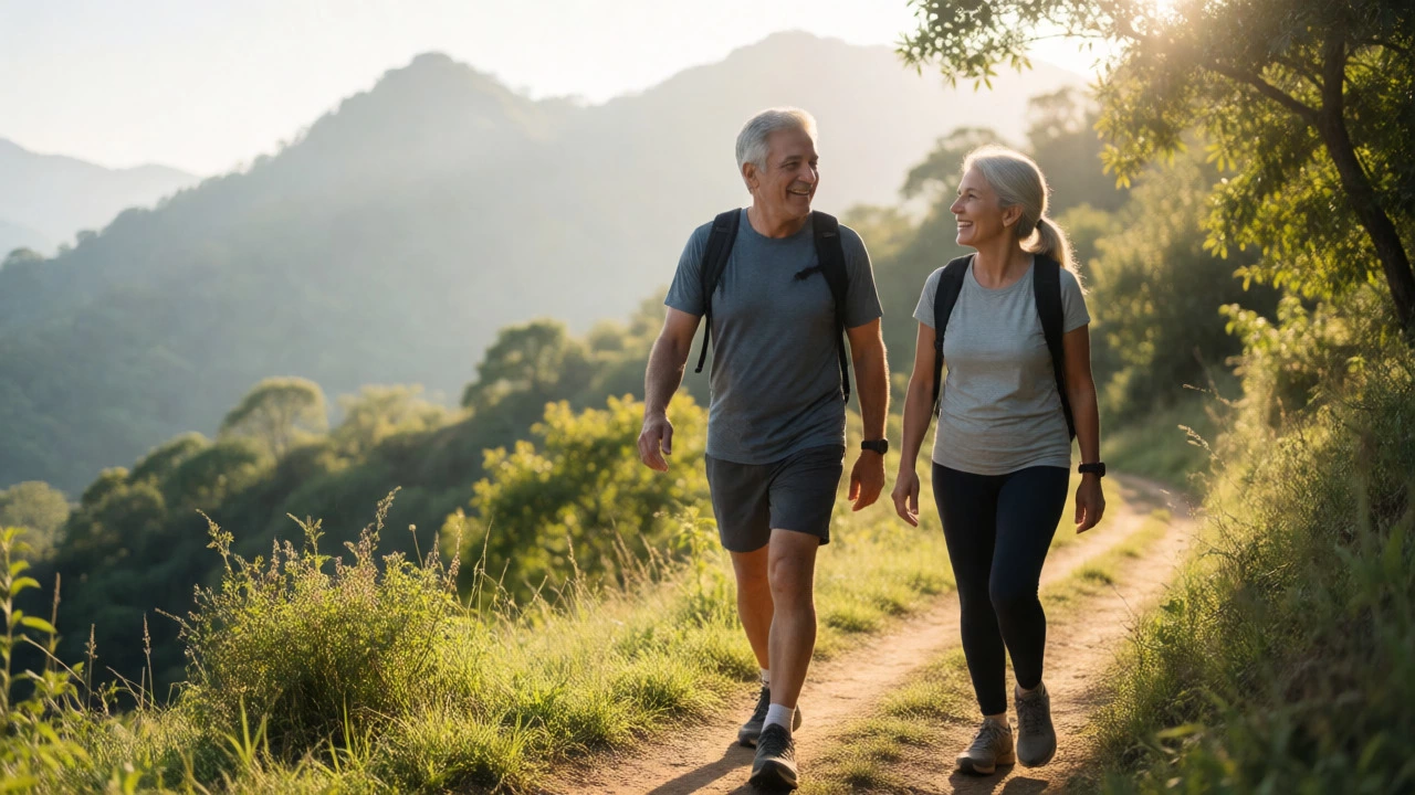 Active senior couple hiking happily on a scenic mountain trail during golden hour.