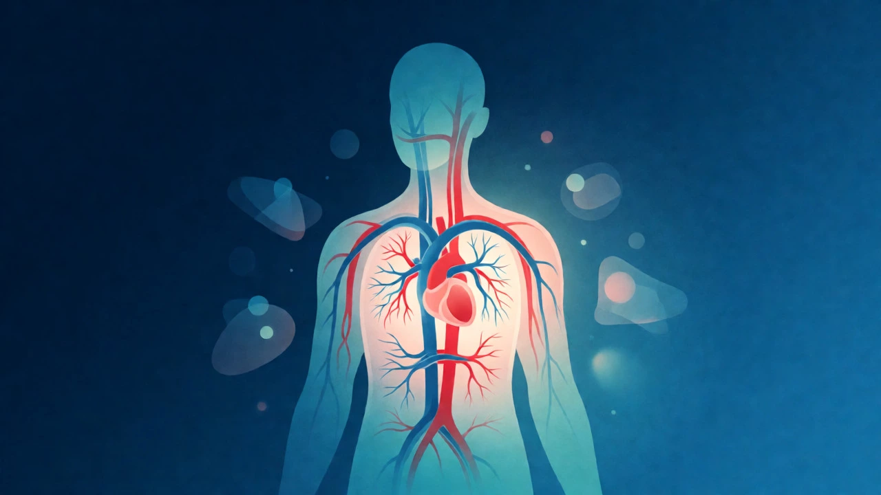 Conceptual illustration of heart anatomy and healthy lifestyle elements inside a human silhouette.