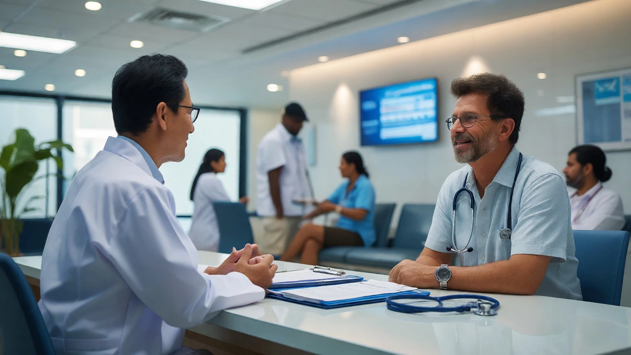 Doctor consulting with a tourist in a bright, modern international patient hospital department.