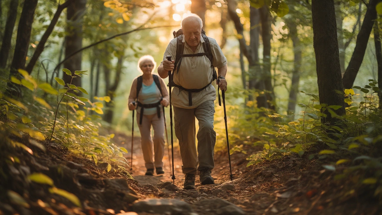 Elderly couple hiking on a flat forest trail using trekking poles to protect knees