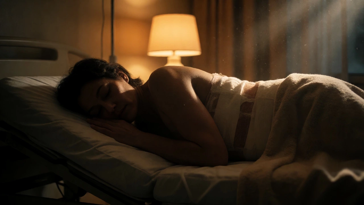 Exhausted patient recovering from spinal fusion surgery under warm dim lighting