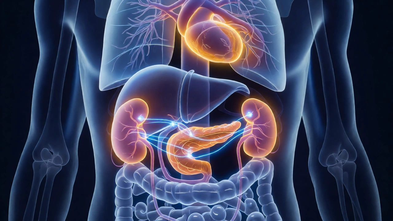 Illustration of glowing internal organs showing dual-action drug mechanisms.