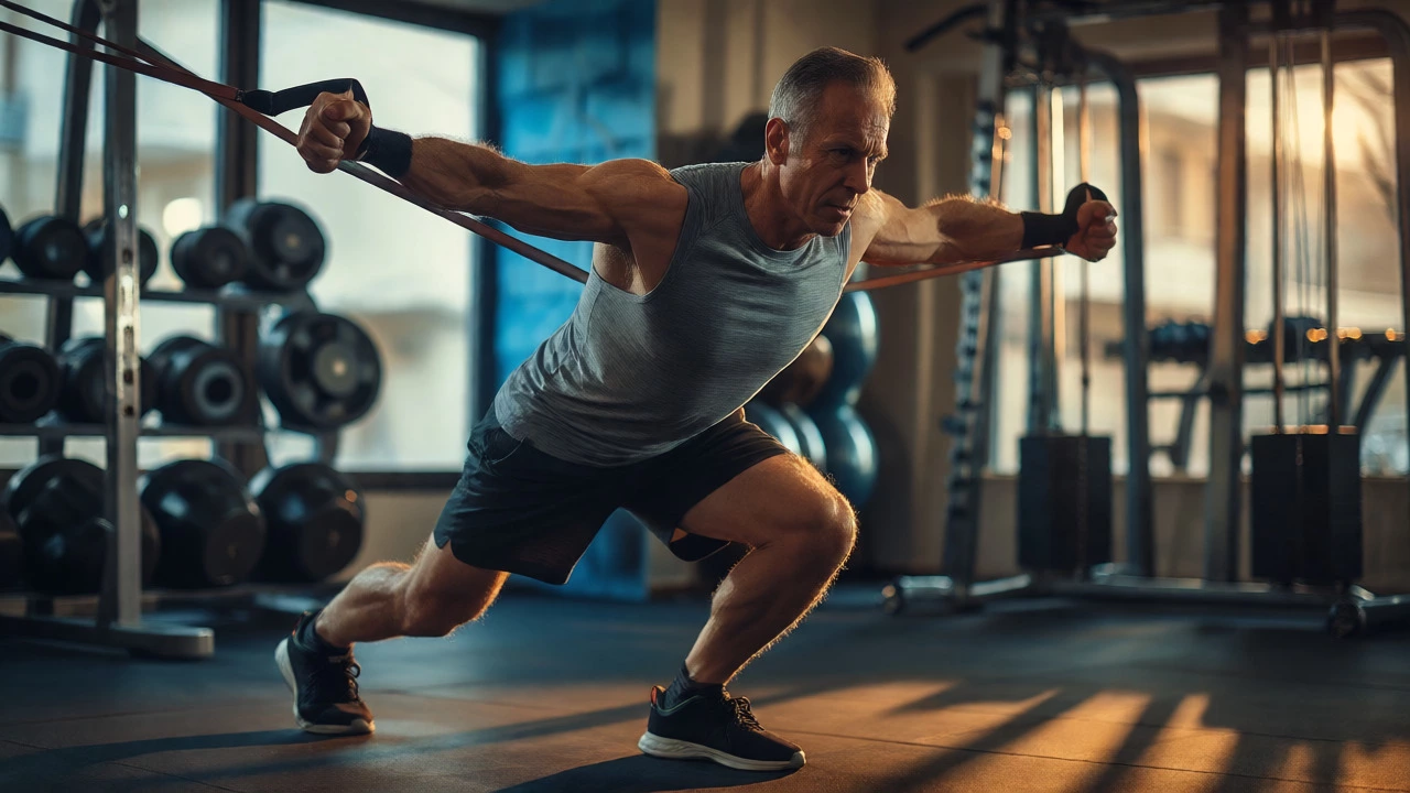 Man in his 50s performing resistance band exercises at home for strength