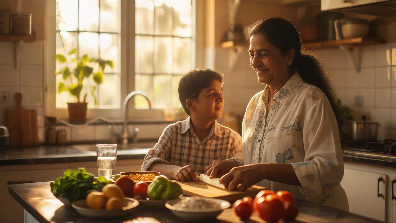 Person preparing a healthy meal in a bright kitchen, symbolizing lifestyle management.