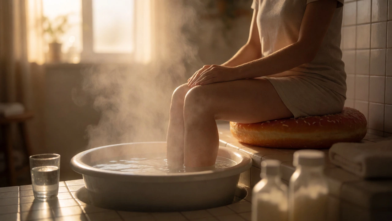 Person using sitz bath for hemorrhoidectomy recovery in a sunlit bathroom