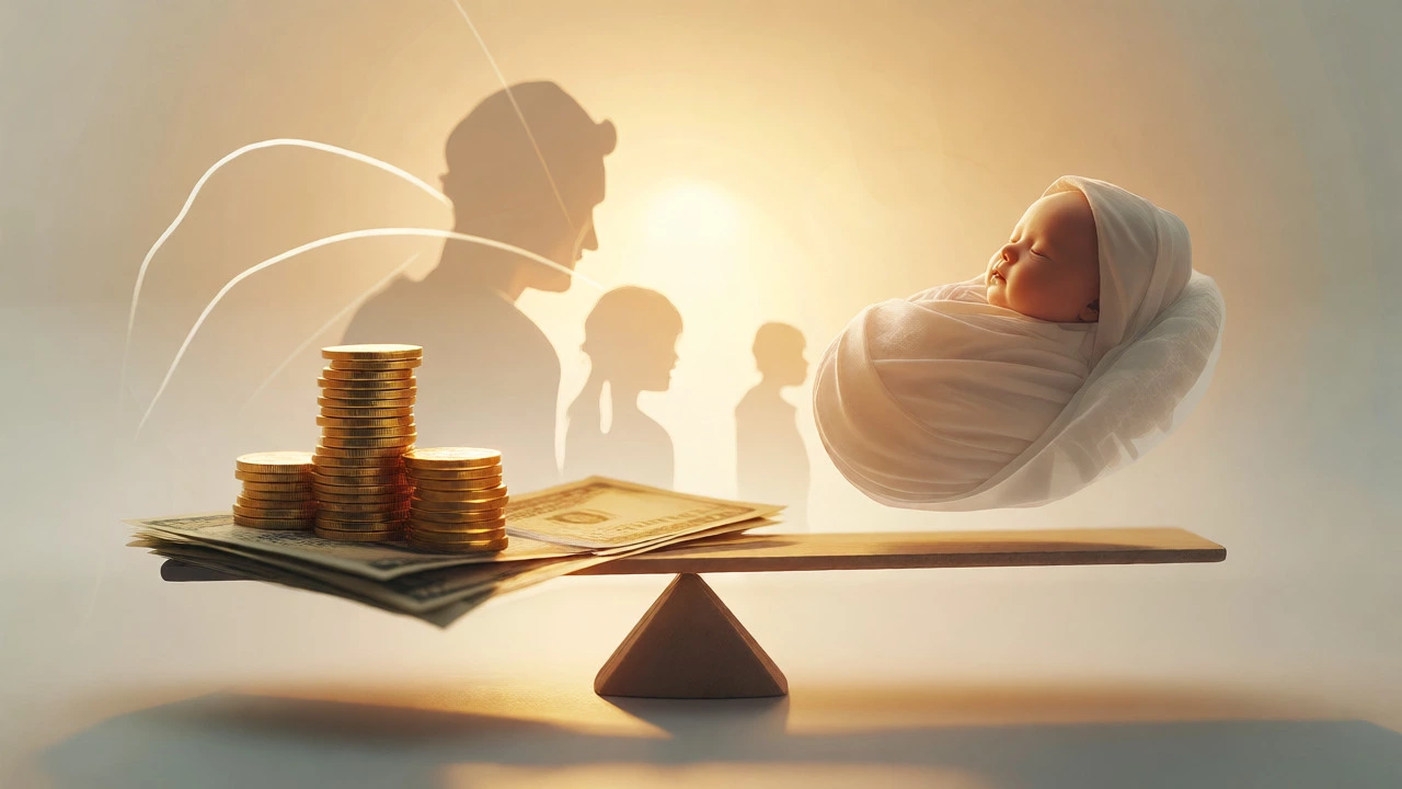 Scale balancing money and a baby concept