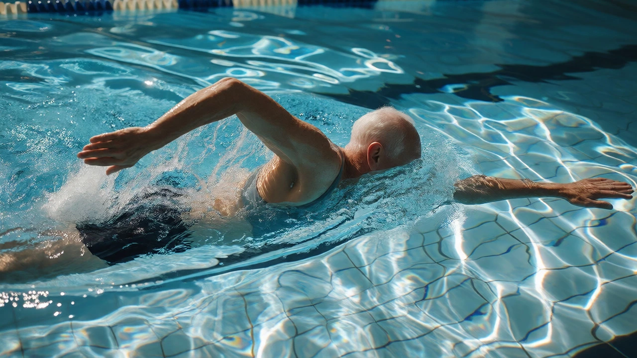 Senior swimming freestyle in a pool, demonstrating low-impact exercise for knee health
