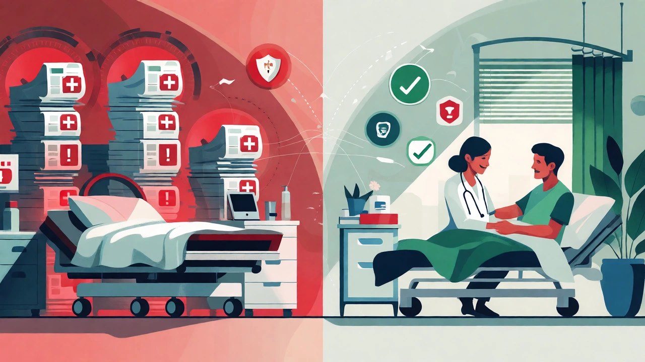 Split-screen conceptual art comparing expensive US ER costs with affordable Asian healthcare.