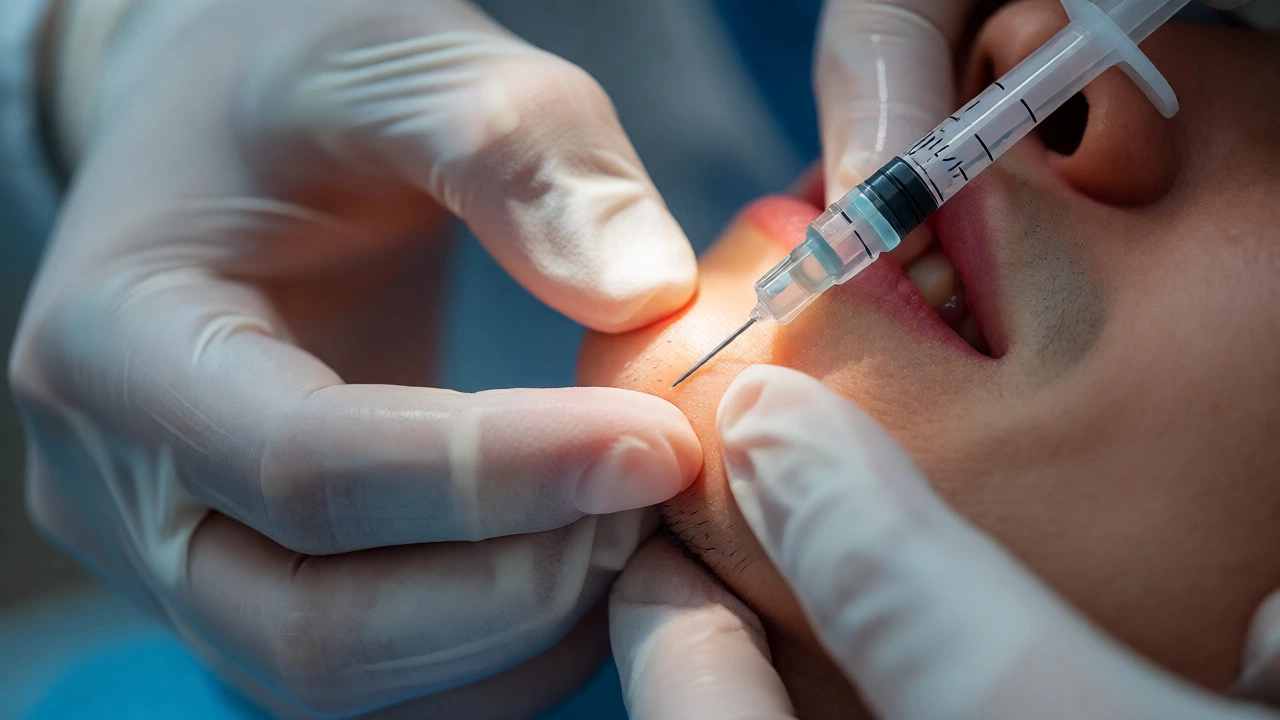 Close-up of dentist administering local anesthesia injection to gums during dental implant surgery.