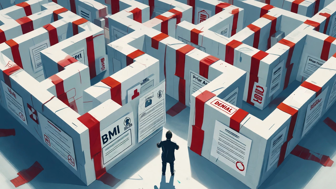 Conceptual maze of red tape and medical forms blocking access to medication
