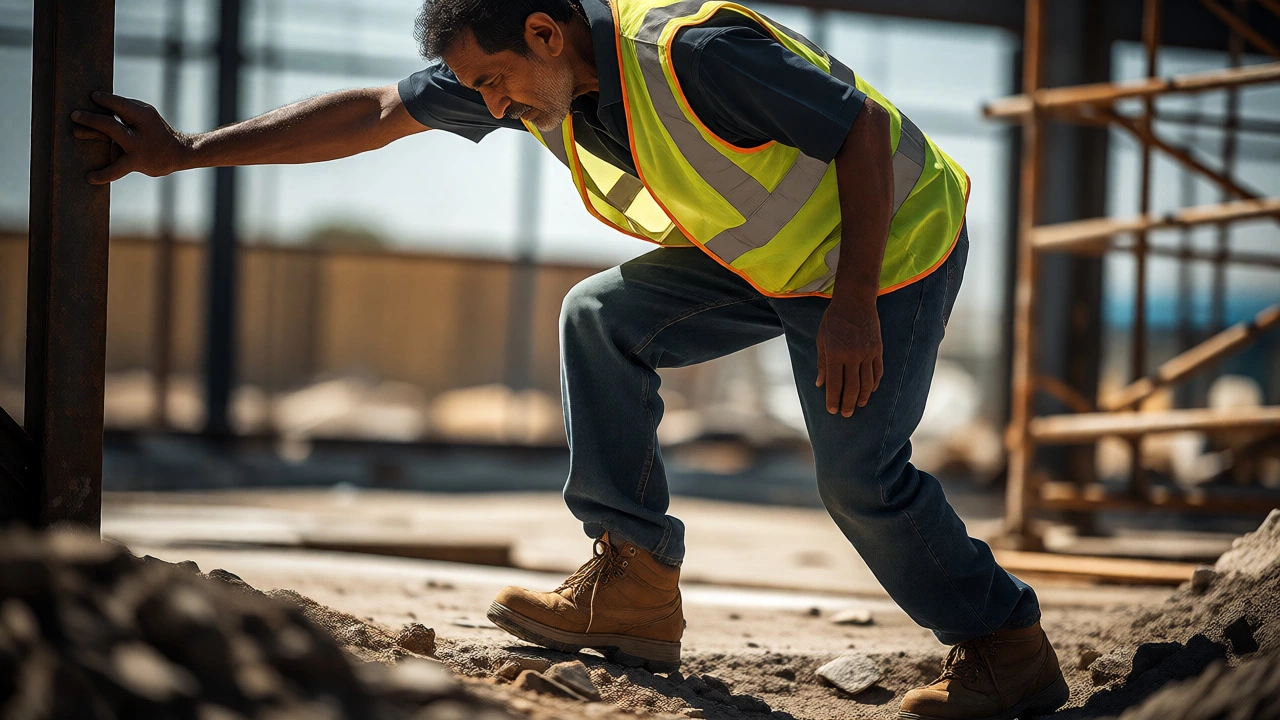 Construction worker cautiously moving on a job site during light duty recovery.