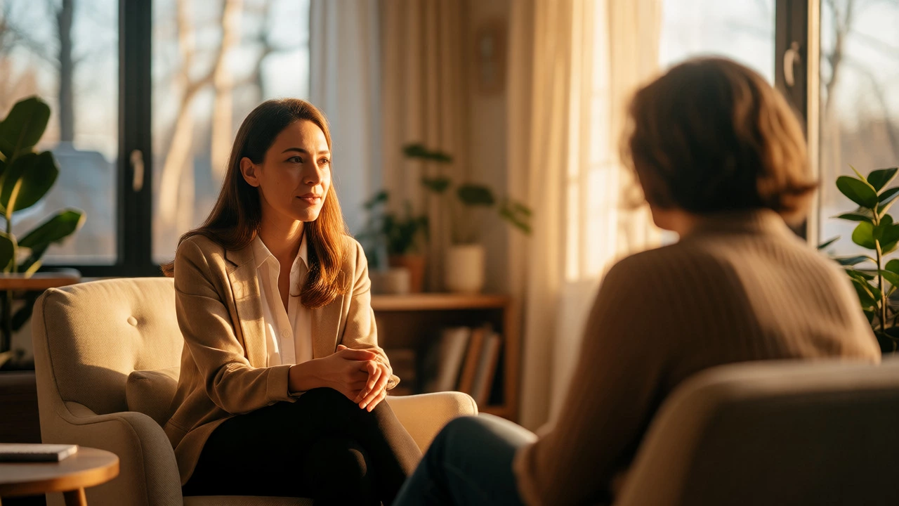Counselor and client talking in a sunlit, comfortable therapy office