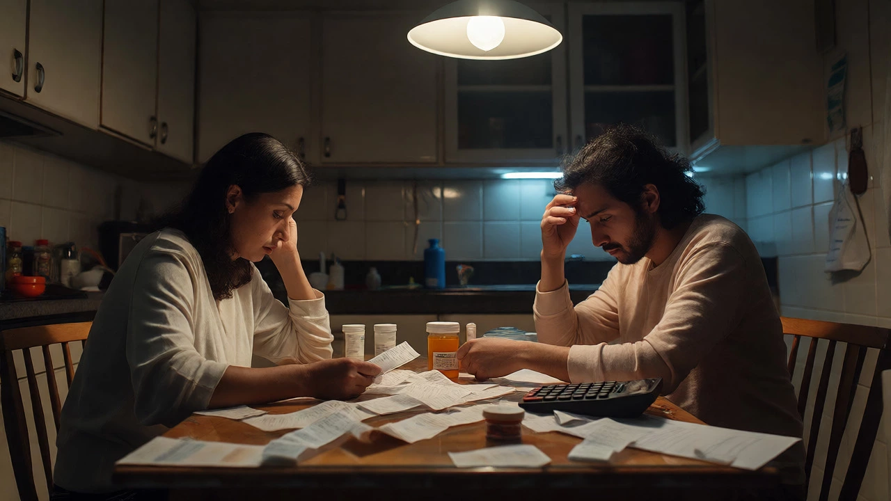 Couple discussing IVF costs and medications at kitchen table