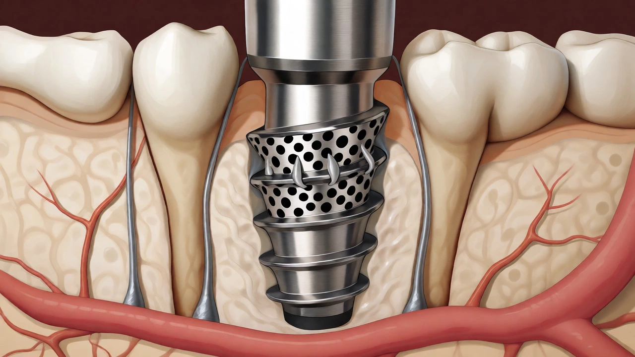 Cross-section illustration of bone cells fusing with a dental implant screw