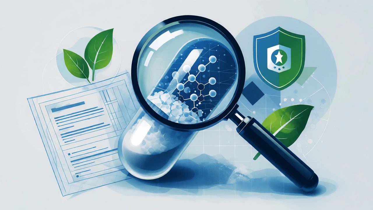 Magnifying glass inspecting a capsule revealing internal molecular structures.