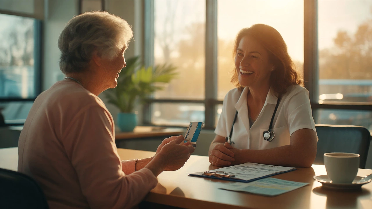 Patient receiving savings card from provider in bright modern clinic