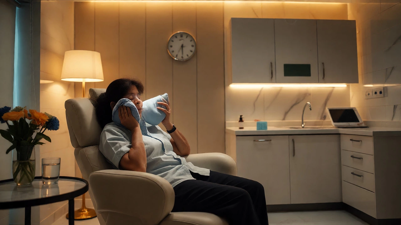 Patient recovering in a comfortable lounge holding an ice pack to their cheek after dental implants.