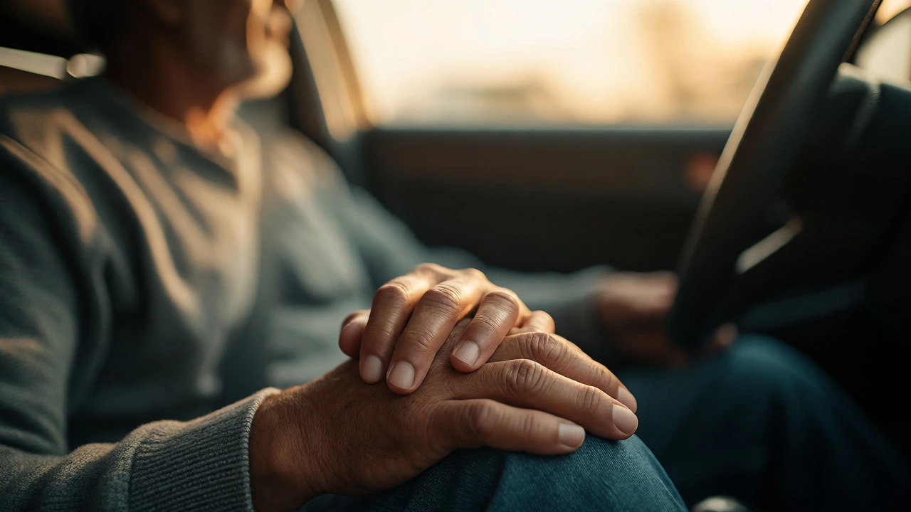 Patient relaxing in a car after safely driving post-knee replacement.