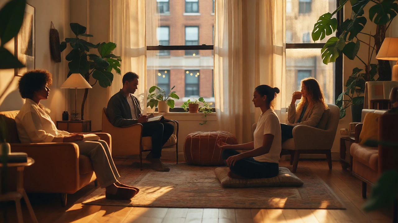 People practicing self-care in a sunny, plant-filled therapy office
