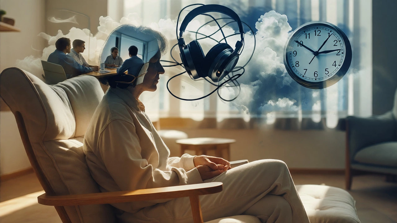 Person in a therapy chair with abstract overlays of daily stressors