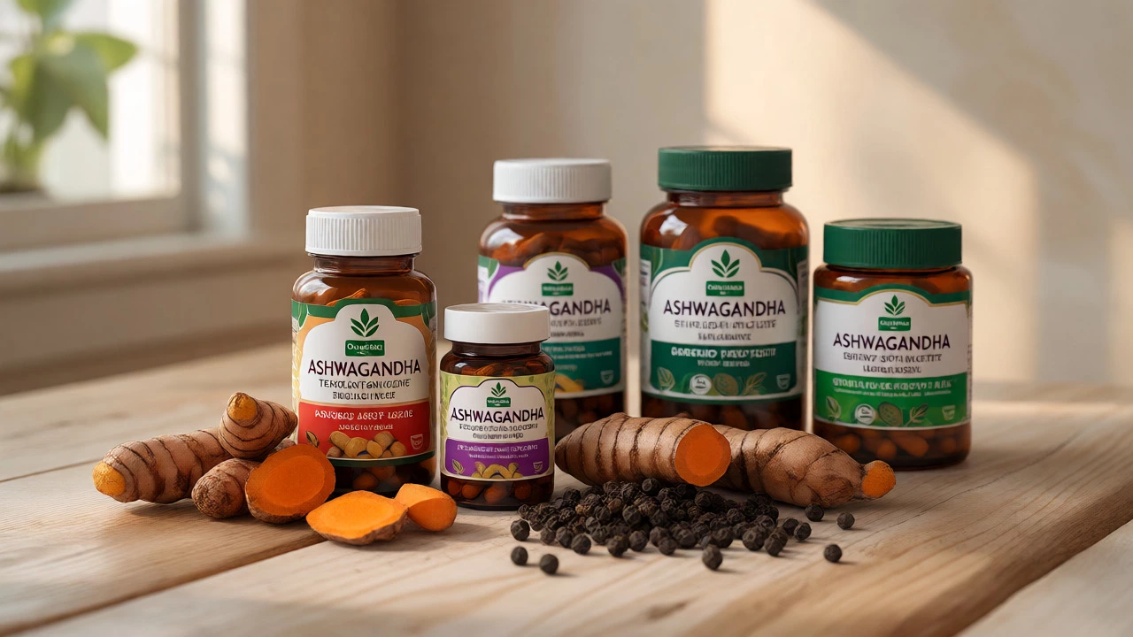 Premium herbal supplements displayed with fresh turmeric and peppercorns.