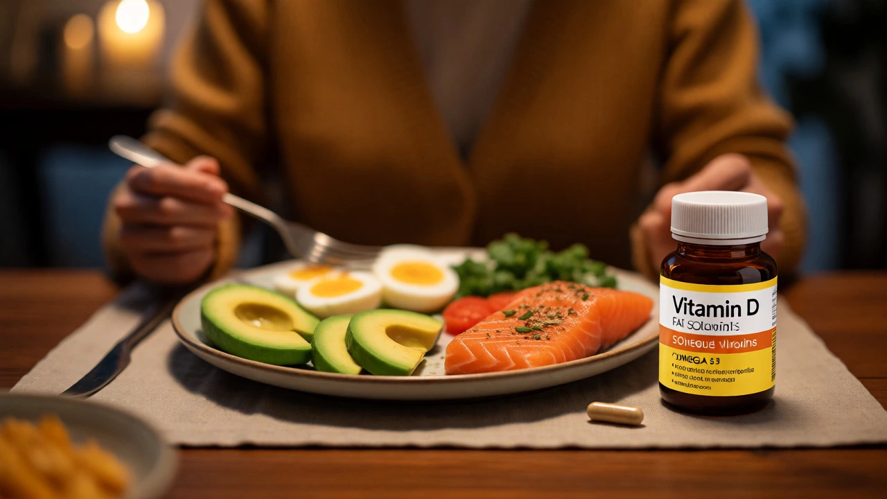 Vitamin D and Omega-3 supplements next to a fatty dinner meal